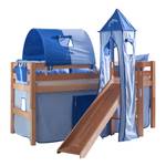 Spielbett Eliyas mit Rutsche, Vorhang, Tunnel, Turm und Tasche -  Buche natur/Textil blau-delfin