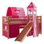 Spielbett Eliyas mit Rutsche, Vorhang, Tunnel, Turm und Tasche - Buche natur/Textil pink-herz