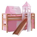 Spielbett Eliyas mit Rutsche, Vorhang, Tunnel, Turm und Tasche - Buche natur/Textil rosa-weiß-herz