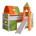 Spielbett Eliyas mit Rutsche, Vorhang, Tunnel, Turm und Tasche - Buche weiß/Textil grün-orange