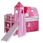 Spielbett Eliyas mit Rutsche, Vorhang, Tunnel, Turm und Tasche - Buche weiß/Textil pink-herz