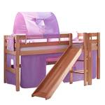 Letto per bambini Eliyas Con scivolo, tenda, tunnel e taschino - Faggio naturale/Tessuto viola e rosa con cuori