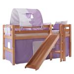 Spielbett Eliyas mit Rutsche, Vorhang, Tunnel und Tasche - Buche natur/Textil purple-weiß-herz