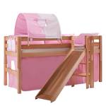 Spielbett Eliyas mit Rutsche, Vorhang, Tunnel und Tasche - Buche natur/Textil rosa-weiß-herz