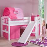 Spielbett Eliyas mit Rutsche, Vorhang, Tunnel und Tasche - Buche weiß/Textil pink-herz