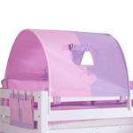 Letto per bambini Eliyas Con scivolo, tenda, tunnel e taschini Faggio bianco/Tessuto viola rosa con cuori