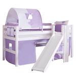 Spielbett Eliyas mit Rutsche, Vorhang, Tunnel und Tasche - Buche weiß/Textil purple-weiß-herz
