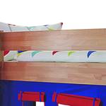 Spielbett Kim Buche massiv - Natur lackiert - mit Rutsche, Turm und Textilset in blau/rot