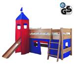 Spielbett Kim Buche massiv - Natur lackiert - mit Rutsche, Turm und Textilset in blau/rot