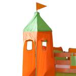 Spielbett Kim Buche massiv - Natur lackiert - mit Rutsche, Turm und Textilset in Grün/Orange