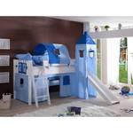 Spielbett Kim Massivholz Buche - Weiß lackiert - mit Rutsche, Turm und Textilset in Blau