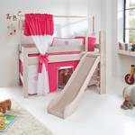 Spielbett Leo Buche massiv white-wash lackiert m. Vorhangset pink-weiß-sonne