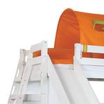 Spielbett Sky mit Rutsche, Regal, Tunnel und Tasche - Buche massiv weiß/Textil grün-orange