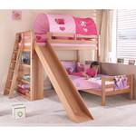 Spielbett Sky mit Rutsche, Regal und Tunnel - Buche massiv natur /Textil pink-herz