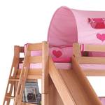 Spielbett Sky mit Rutsche, Regal und Tunnel - Buche massiv natur /Textil pink-herz