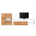 Meuble TV Solano Partiellement en bois massif - Chêne noueux / Blanc - Porte en verre à gauche - Sans éclairage