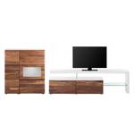 Meuble TV Solano Partiellement en bois massif - Noix / Blanc - Porte en verre à gauche - Sans éclairage