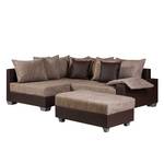 Ecksofa Venus Kunstleder Dunkel- Braun/Webstoff Braun Ottomane davorstehend links Mit Hocker