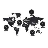 Carte monde en bois avec 5 horloges