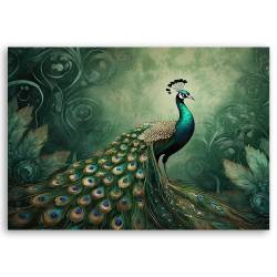 Wandbild Blauer Pfau Auf Leinwand – 40x60 Cm, Vintage-Stil, Mit Holzrahmen