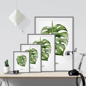 Impression d’art aquarelle Monstera III Partiellement en pin massif - Gris - 40 x 55 cm