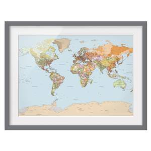 Afbeelding Politieke Wereldkaart III deels massief grenenhout - grijs - 100 x 70 cm