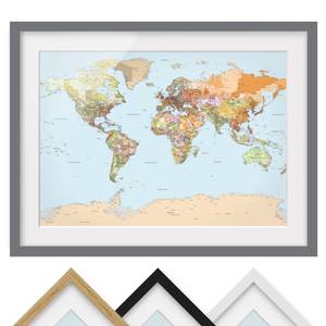 Afbeelding Politieke Wereldkaart III deels massief grenenhout - grijs - 100 x 70 cm