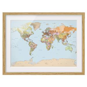Afbeelding Politieke Wereldkaart IV deels massief eikenhout- eikenhout - 100 x 70 cm