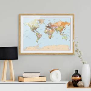 Afbeelding Politieke Wereldkaart IV deels massief eikenhout- eikenhout - 100 x 70 cm