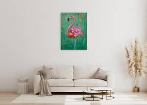Tableau peint Fabulous Flamingo Rose foncé - Turquoise - Bois massif - Textile - 70 x 100 x 4 cm