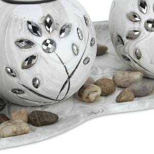 3 Teelichthalter mit Tablett Grau - Silber - Weiß - Holzwerkstoff - Stein - 50 x 9 x 19 cm
