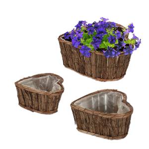 Herzförmiges Blumentopf 3er Set Holz Braun - Weiß - Holzwerkstoff - Kunststoff - Rattan - 32 x 14 x 30 cm