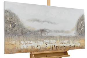 Tableau peint à la main Mountains in Fog Beige - Gris - Bois massif - Textile - En partie en bois massif - 120 x 60 x 4 cm