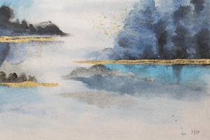 Tableau peint From Shore to Shore Bleu - Blanc - Bois massif - Textile - 120 x 80 x 4 cm