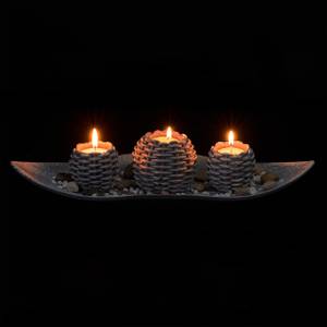 Kerzen Deko mit Schale Braun - Grau - Weiß - Holzwerkstoff - Naturfaser - Wachs - 39 x 8 x 16 cm