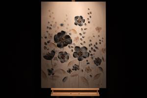 Acrylbild handgemalt Blüten der Nacht Beige - Blau - Massivholz - Textil - 75 x 100 x 4 cm