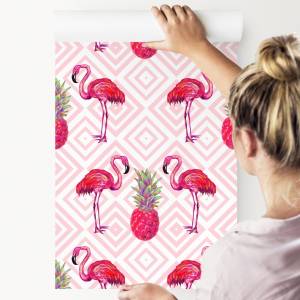 Tapete FLAMINGOS Ananas Geometrie Muster Grün - Pink - Weiß - Papier - Textil - 53 x 1000 x 1000 cm