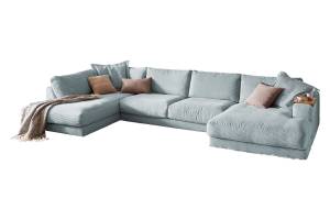 Sofa MADELINE Wohnlandschaft Cord Hellblau - Armlehne davorstehend links - Longchair davorstehend rechts