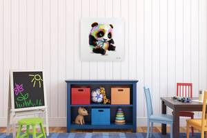Tableau peint à la main Panda jouant Bois massif - Textile - 60 x 60 x 4 cm