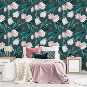 Papier Peint TULIPES Fleurs Feuilles Gris - Vert - Rose foncé - Blanc - Papier - Textile - 53 x 1000 x 1000 cm