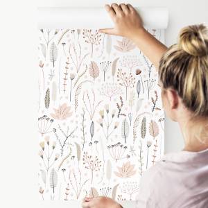 Papier Peint FEUILLES Fleurs Nature Beige - Noir - Gris - Blanc - Papier - Textile - 53 x 1000 x 1000 cm