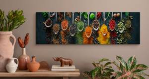 Tableau Panorama Épices Herbes 3D Marron - Vert - Orange - Textile - 145 x 45 x 45 cm