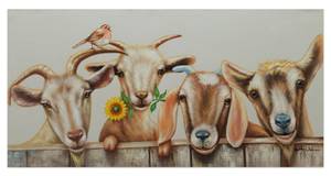 Tableau peint Curious Flock of Goats Marron - Blanc - Bois massif - Textile - En partie en bois massif - 100 x 50 x 4 cm