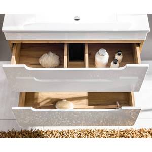 Badezimmer Set Hochgl. weiß mit Eiche Nb Weiß - Holzwerkstoff - 130 x 200 x 46 cm