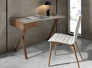 Chaise en tissu avec pieds en bois noyer Marron - Gris - Textile - 49 x 90 x 56 cm
