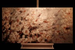 Tableau peint à la main Golden Blossom Orange - Blanc - Bois massif - Textile - 120 x 60 x 4 cm