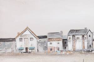 Kunstdruck handbemalt Little Port Town Beige - Blau - Massivholz - Textil - 150 x 50 x 4 cm