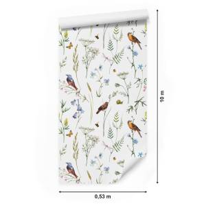 Papier Peint fleurs feuilles oiseaux Noir - Bleu - Marron - Vert - Orange - Rouge - Blanc - Papier - 53 x 1000 x 1000 cm