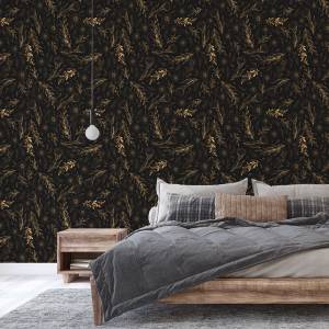 Tapete BLUMEN Blätter Natur im Boho-Stil Beige - Schwarz - Braun - Papier - Textil - 53 x 1000 x 1000 cm