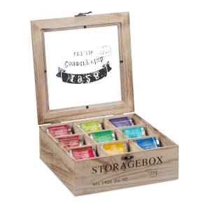Boîte à thé bois 9 compartiments Marron - Bois manufacturé - Métal - Matière plastique - 24 x 9 x 25 cm